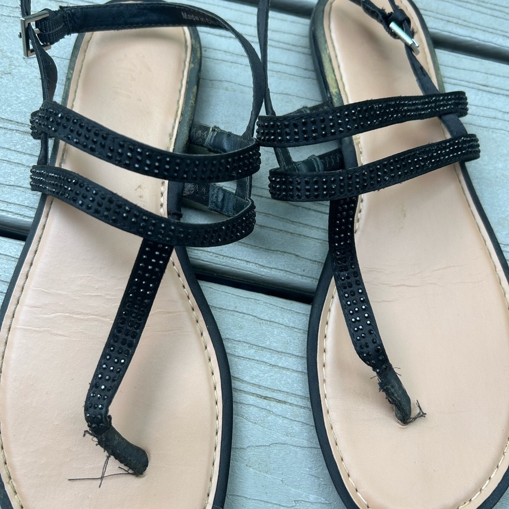 Women's Black Rhinestone T-Strap Sandals
